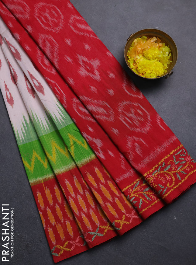 Ikat cotton saree off white and red with allover ikat woven buttas and kantha stitch work pallu