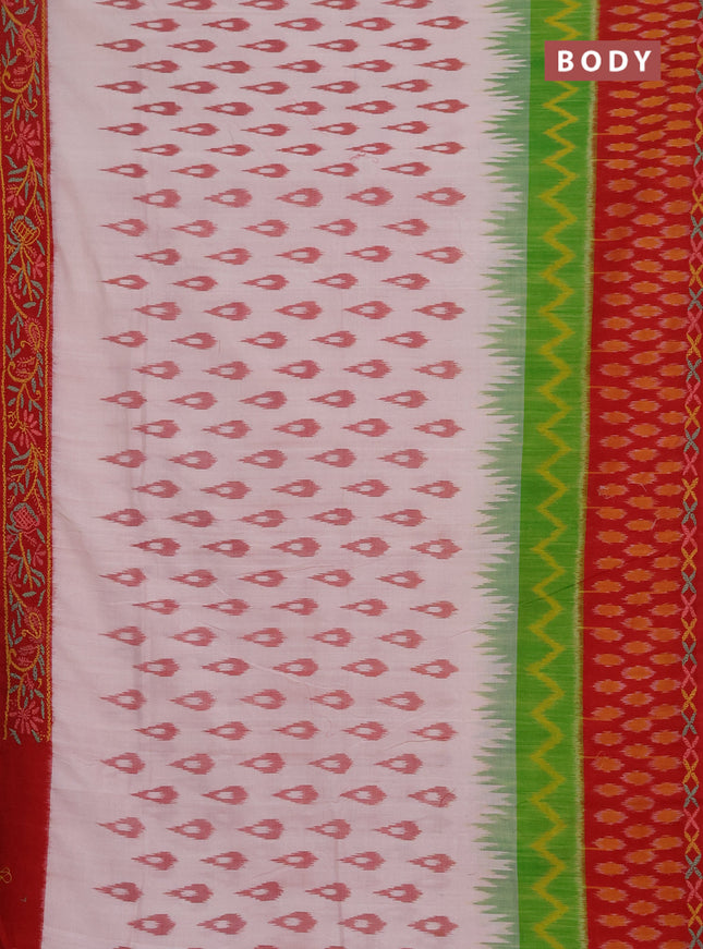 Ikat cotton saree off white and red with allover ikat woven buttas and kantha stitch work pallu