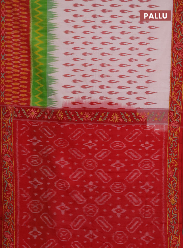 Ikat cotton saree off white and red with allover ikat woven buttas and kantha stitch work pallu