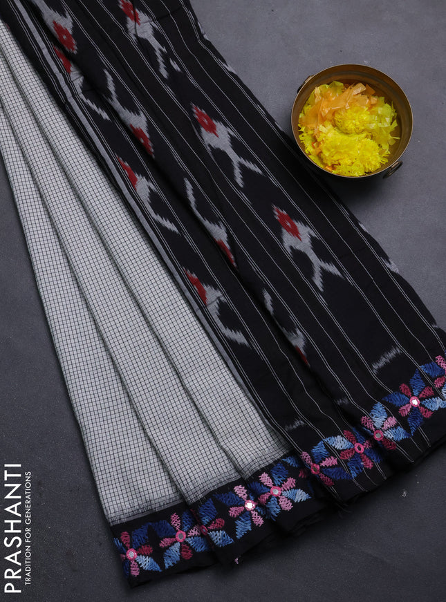 Ikat cotton saree off white and black with allover small checks pattern and ganga jamuna border