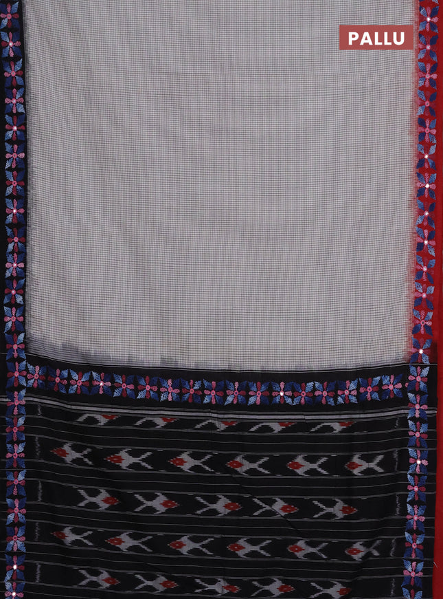 Ikat cotton saree off white and black with allover small checks pattern and ganga jamuna border