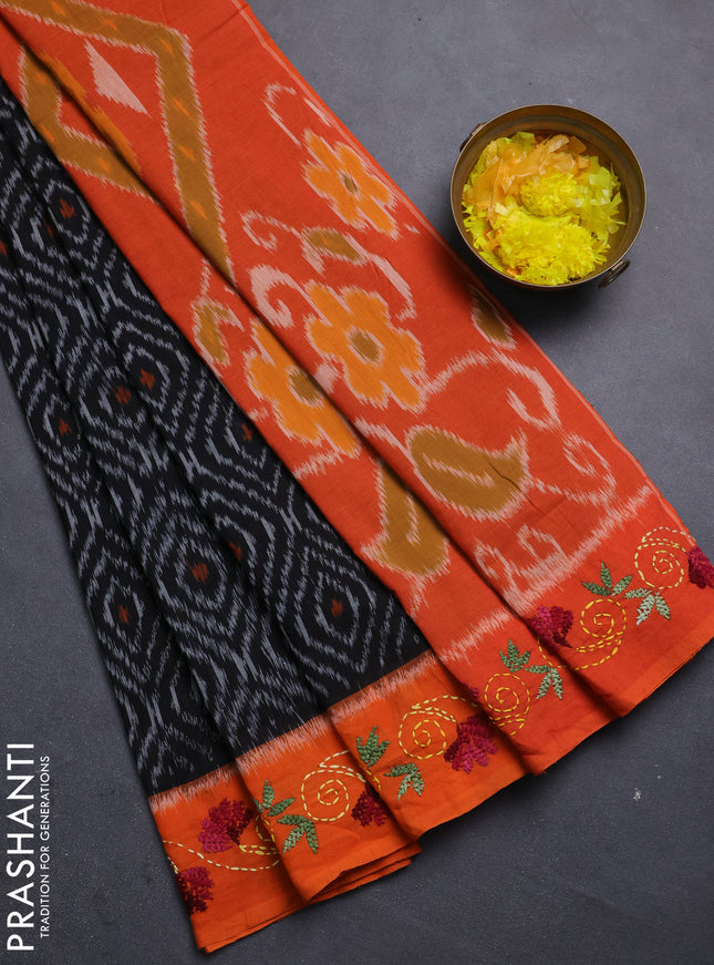 Ikat cotton saree black and orange with allover ikat weaves and kantha stitch work pallu
