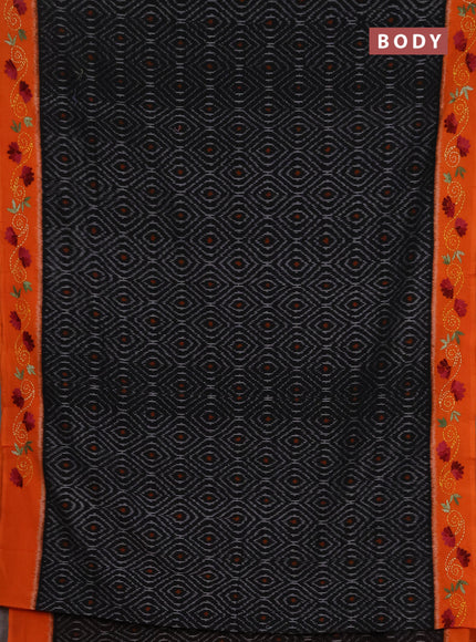 Ikat cotton saree black and orange with allover ikat weaves and kantha stitch work pallu