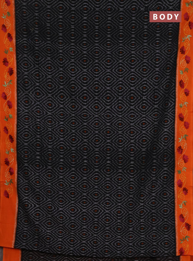 Ikat cotton saree black and orange with allover ikat weaves and kantha stitch work pallu