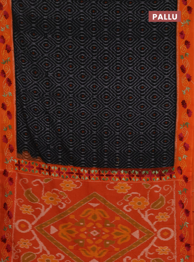 Ikat cotton saree black and orange with allover ikat weaves and kantha stitch work pallu
