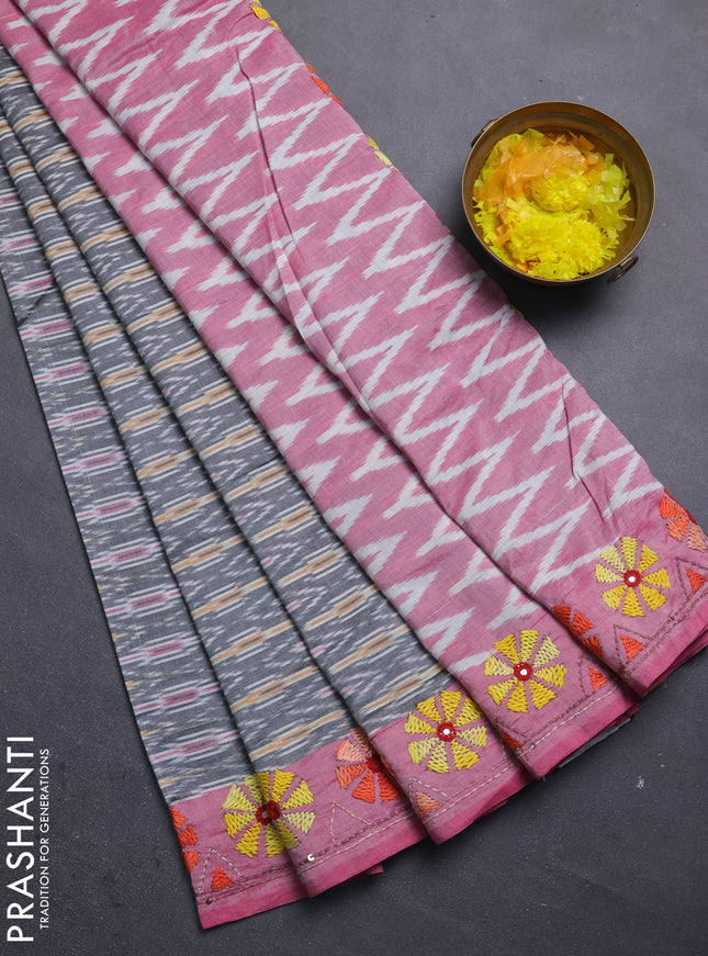 Ikat cotton saree grey and pastel pink with allover ikat weaves and kantha stitch work pallu