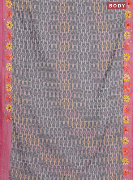 Ikat cotton saree grey and pastel pink with allover ikat weaves and kantha stitch work pallu
