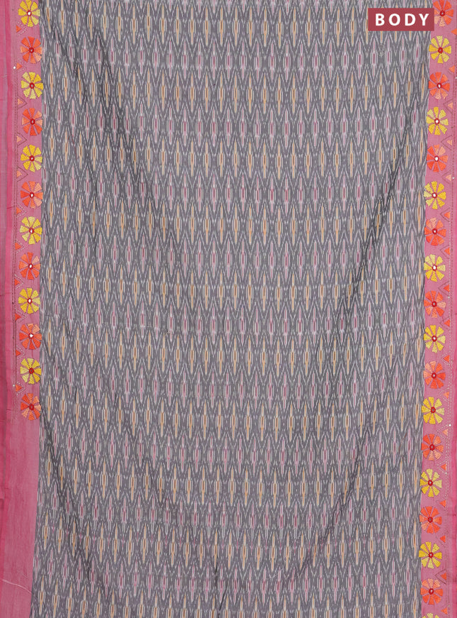 Ikat cotton saree grey and pastel pink with allover ikat weaves and kantha stitch work pallu
