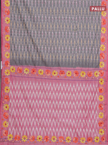 Ikat cotton saree grey and pastel pink with allover ikat weaves and kantha stitch work pallu