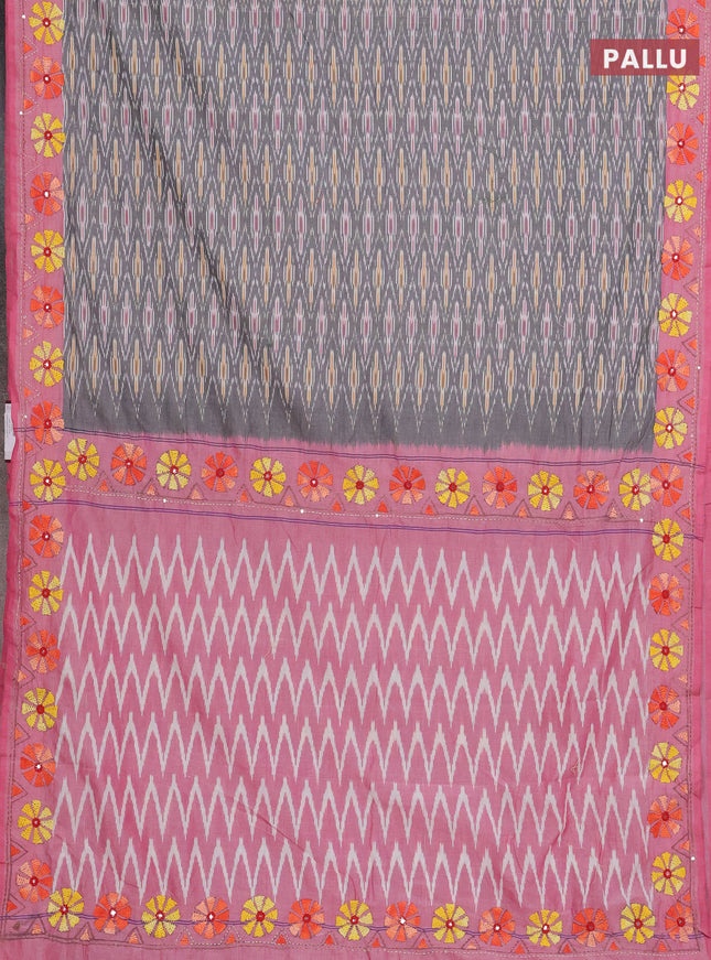 Ikat cotton saree grey and pastel pink with allover ikat weaves and kantha stitch work pallu