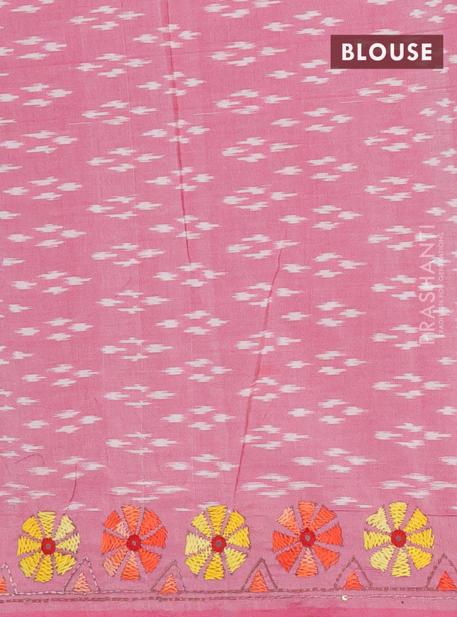 Ikat cotton saree grey and pastel pink with allover ikat weaves and kantha stitch work pallu