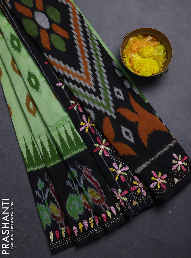 Ikat cotton saree pista green and black with allover ikat woven buttas and kantha stitch work pallu
