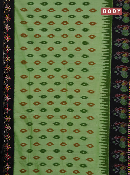 Ikat cotton saree pista green and black with allover ikat woven buttas and kantha stitch work pallu