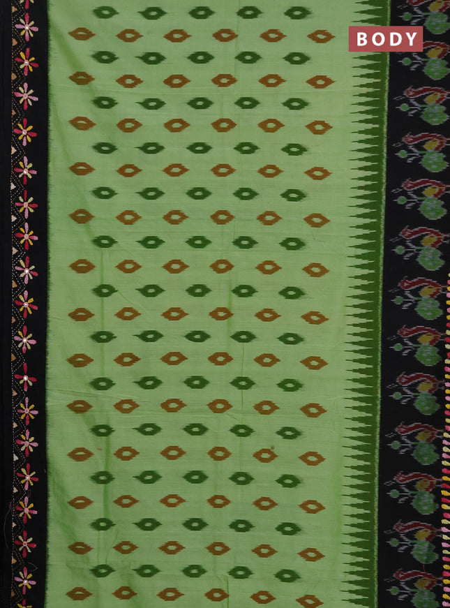 Ikat cotton saree pista green and black with allover ikat woven buttas and kantha stitch work pallu