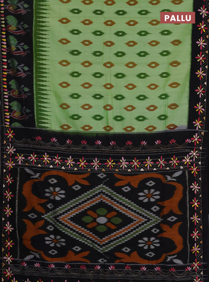 Ikat cotton saree pista green and black with allover ikat woven buttas and kantha stitch work pallu