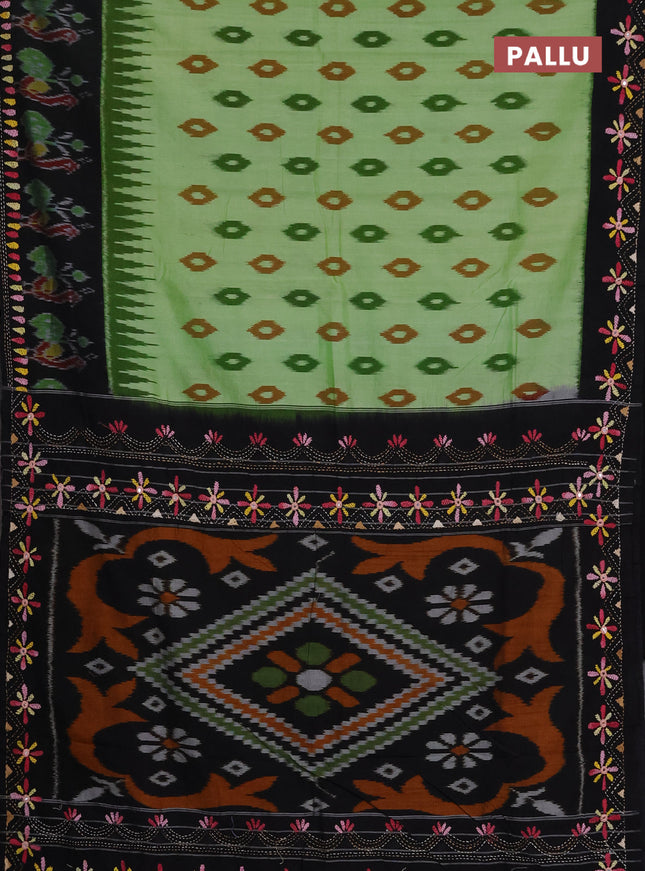 Ikat cotton saree pista green and black with allover ikat woven buttas and kantha stitch work pallu