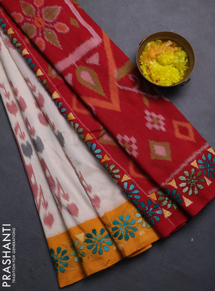 Ikat cotton saree off white with allover ikat weaves and kantha stitch work pallu