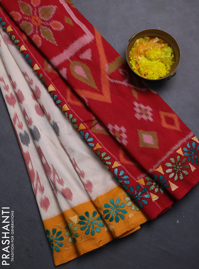 Ikat cotton saree off white with allover ikat weaves and kantha stitch work pallu