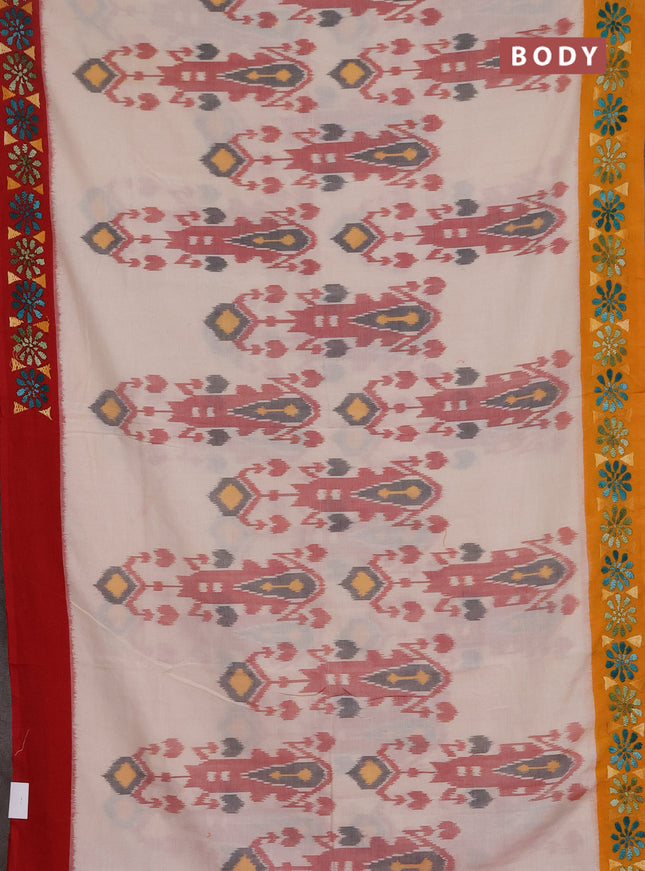 Ikat cotton saree off white with allover ikat weaves and kantha stitch work pallu