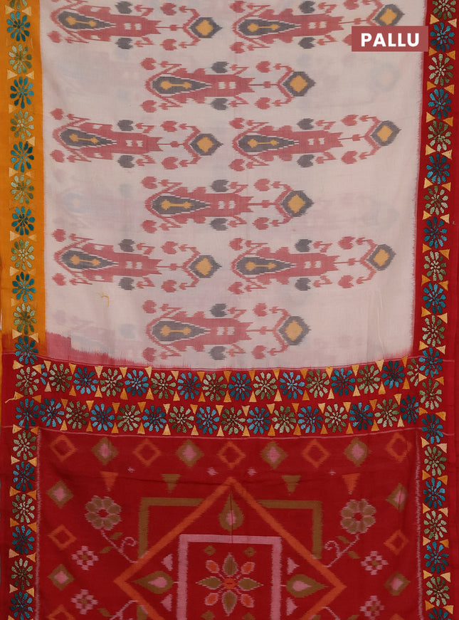 Ikat cotton saree off white with allover ikat weaves and kantha stitch work pallu