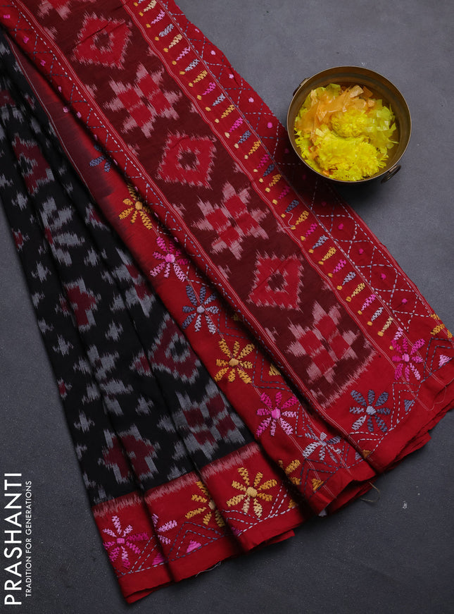 Ikat cotton saree black and maroon with allover ikat weaves and kantha stitch work pallu