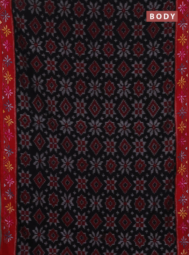 Ikat cotton saree black and maroon with allover ikat weaves and kantha stitch work pallu