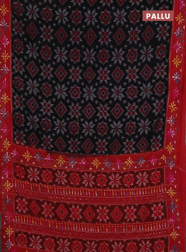 Ikat cotton saree black and maroon with allover ikat weaves and kantha stitch work pallu