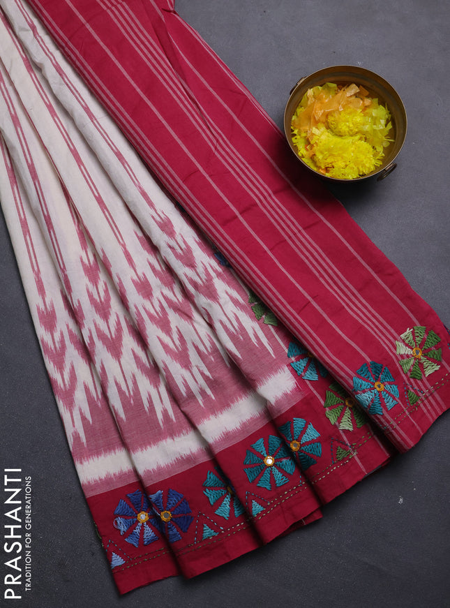 Ikat cotton saree cream and magenta pink with allover ikat stripes pattern and kantha stitch work pallu