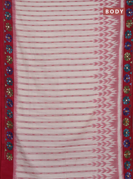 Ikat cotton saree cream and magenta pink with allover ikat stripes pattern and kantha stitch work pallu