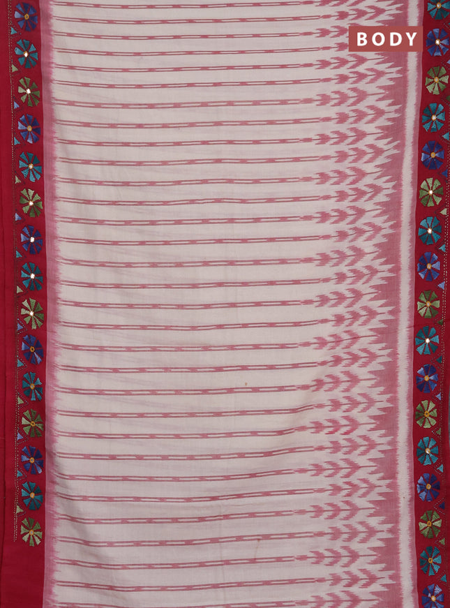 Ikat cotton saree cream and magenta pink with allover ikat stripes pattern and kantha stitch work pallu