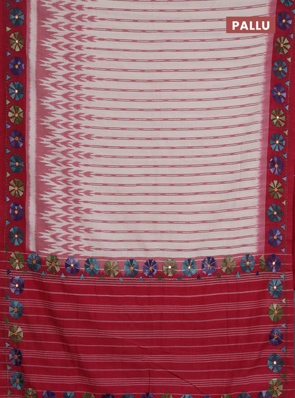 Ikat cotton saree cream and magenta pink with allover ikat stripes pattern and kantha stitch work pallu