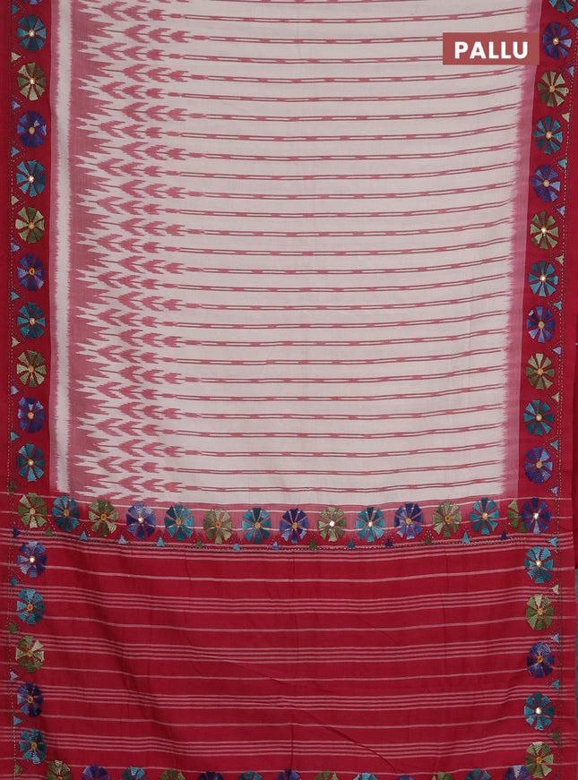 Ikat cotton saree cream and magenta pink with allover ikat stripes pattern and kantha stitch work pallu