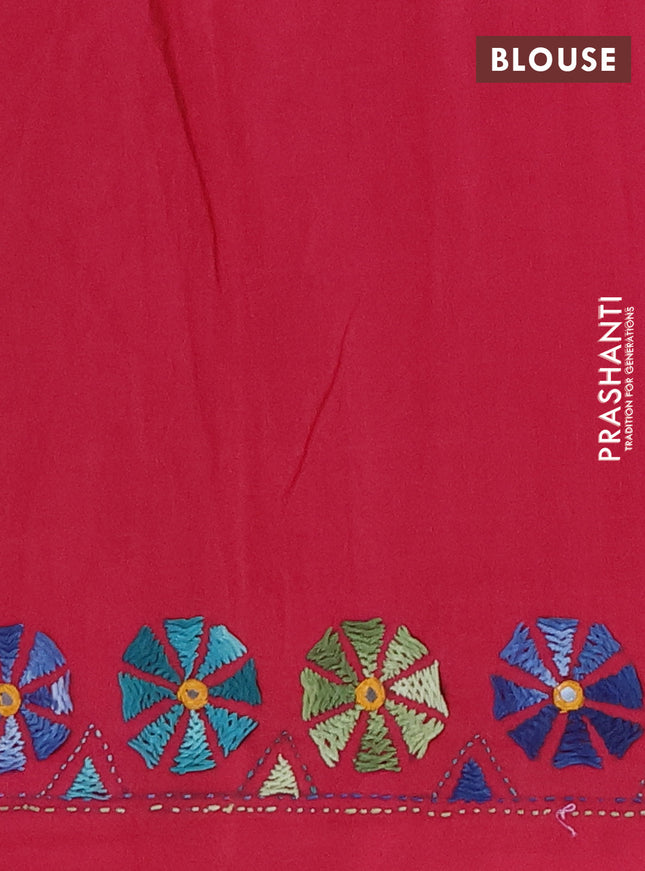 Ikat cotton saree cream and magenta pink with allover ikat stripes pattern and kantha stitch work pallu