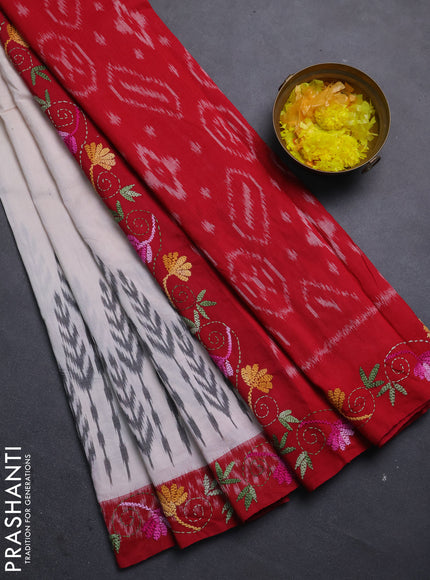 Ikat cotton saree off white and maroon with allover ikat weaves and kantha stitch work pallu
