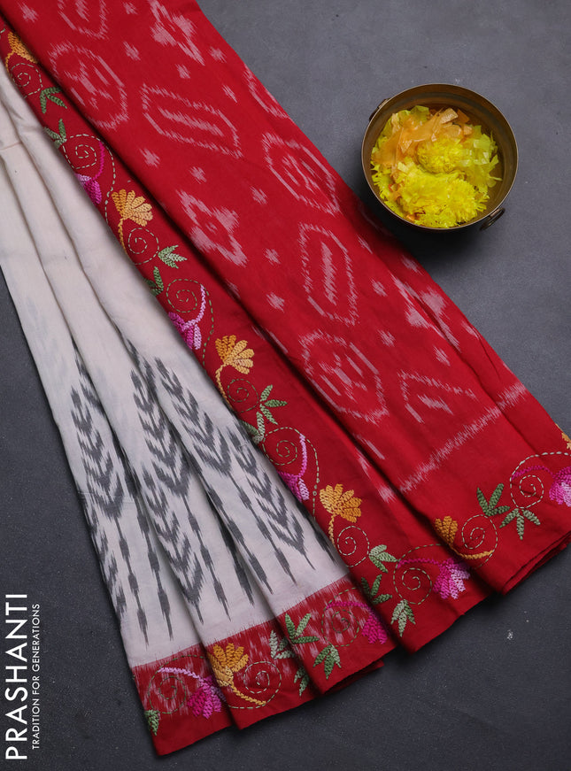 Ikat cotton saree off white and maroon with allover ikat weaves and kantha stitch work pallu