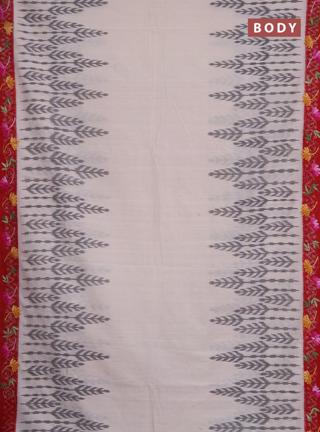 Ikat cotton saree off white and maroon with allover ikat weaves and kantha stitch work pallu