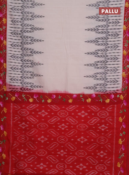 Ikat cotton saree off white and maroon with allover ikat weaves and kantha stitch work pallu