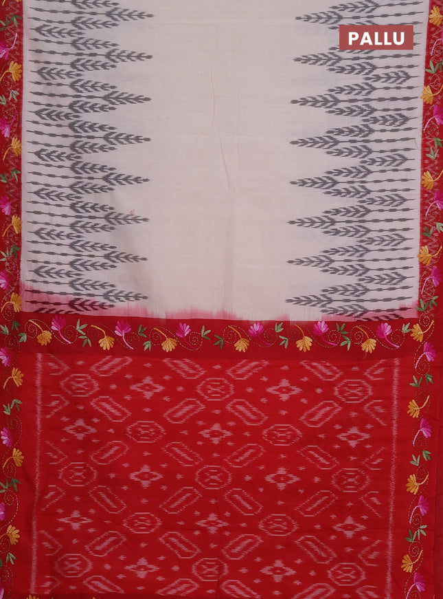 Ikat cotton saree off white and maroon with allover ikat weaves and kantha stitch work pallu