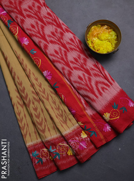 Ikat cotton saree sandal and maroon with allover ikat weaves and kantha stitch work pallu