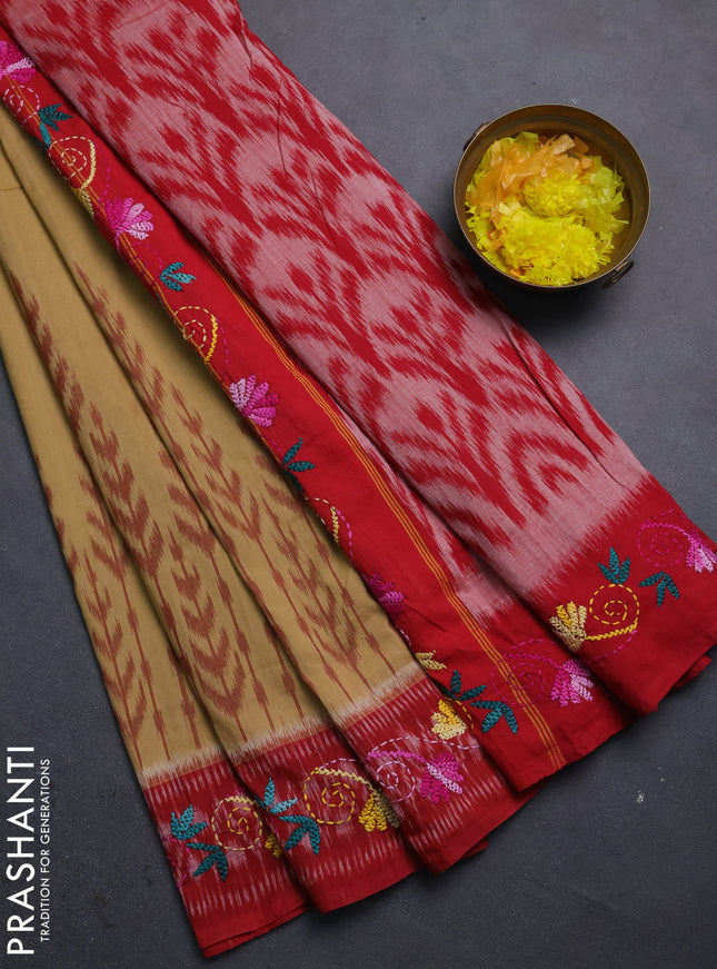 Ikat cotton saree sandal and maroon with allover ikat weaves and kantha stitch work pallu