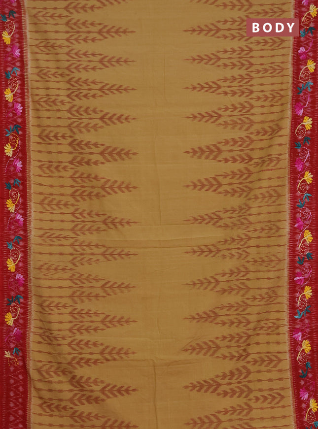 Ikat cotton saree sandal and maroon with allover ikat weaves and kantha stitch work pallu
