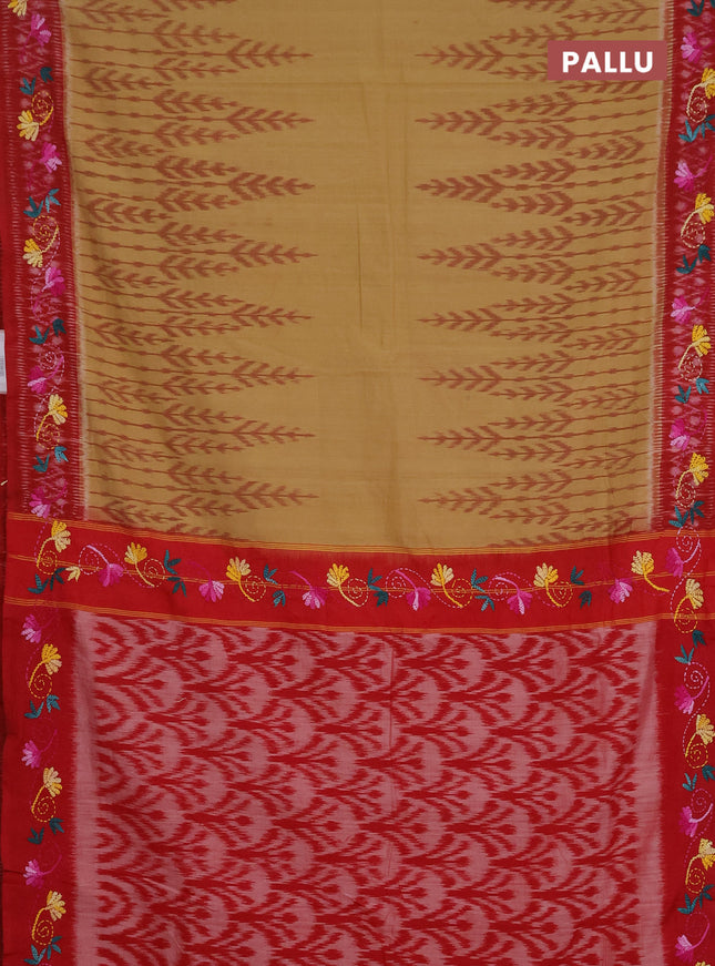 Ikat cotton saree sandal and maroon with allover ikat weaves and kantha stitch work pallu