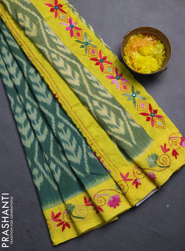 Ikat cotton saree dual shade of greenish yellow and yellow with allover ikat weaves and kantha stitch work pallu