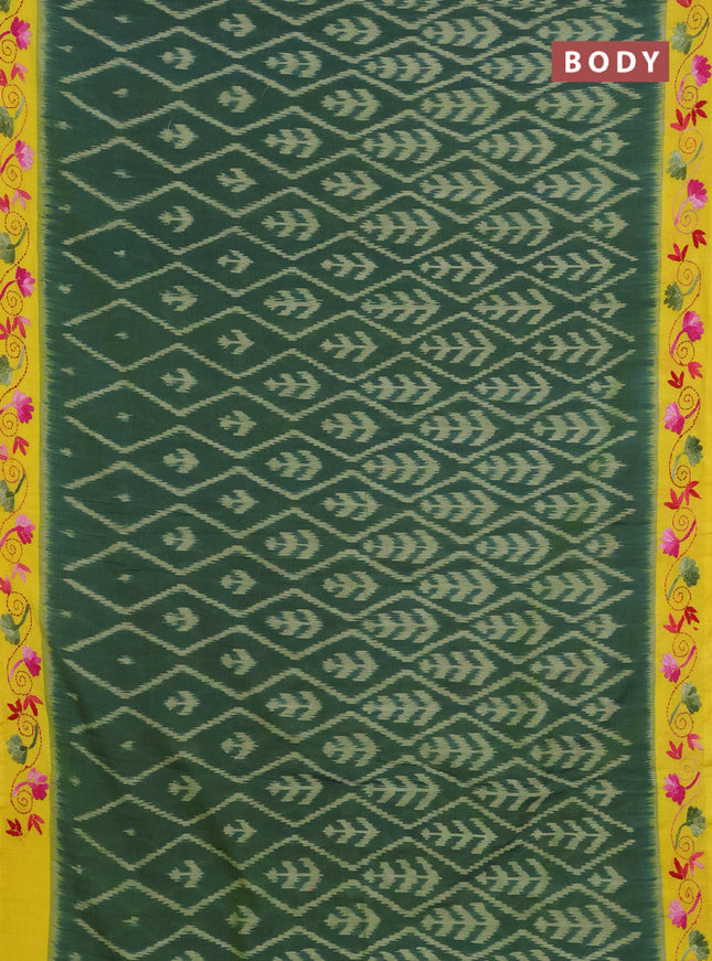 Ikat cotton saree dual shade of greenish yellow and yellow with allover ikat weaves and kantha stitch work pallu