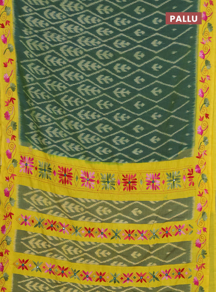 Ikat cotton saree dual shade of greenish yellow and yellow with allover ikat weaves and kantha stitch work pallu