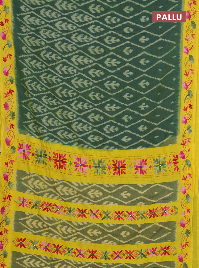 Ikat cotton saree dual shade of greenish yellow and yellow with allover ikat weaves and kantha stitch work pallu