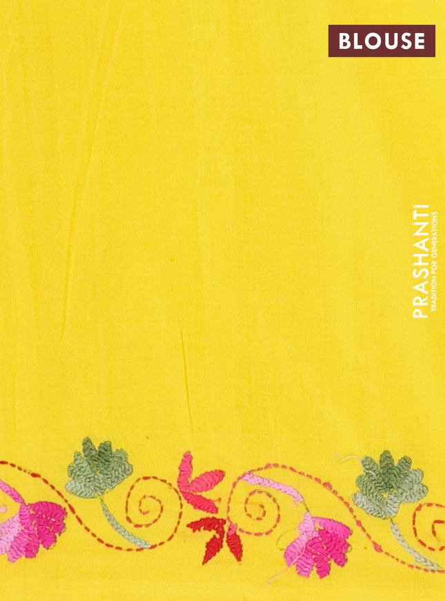 Ikat cotton saree dual shade of greenish yellow and yellow with allover ikat weaves and kantha stitch work pallu