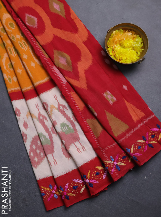 Ikat cotton saree mango yellow and cream maroon with allover ikat weaves and kantha stitch work pallu