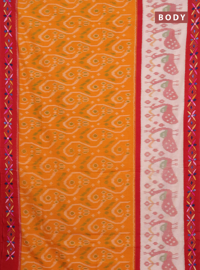 Ikat cotton saree mango yellow and cream maroon with allover ikat weaves and kantha stitch work pallu
