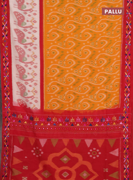 Ikat cotton saree mango yellow and cream maroon with allover ikat weaves and kantha stitch work pallu